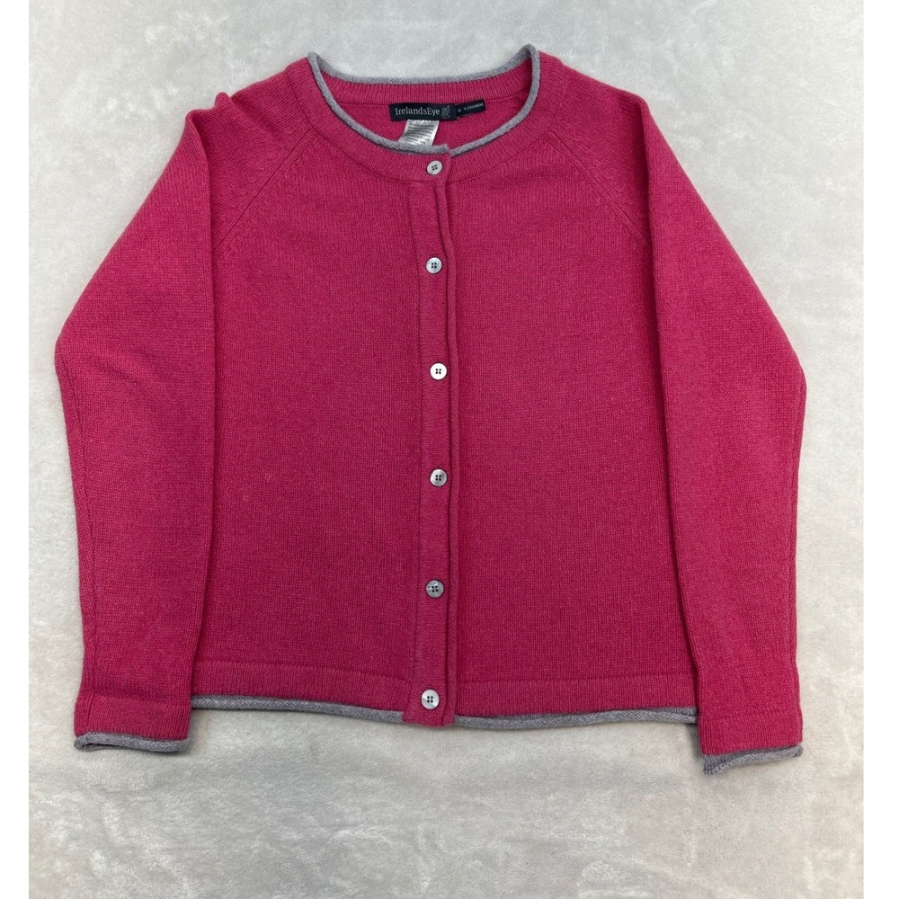 IrelandsEye Wool Cashmere Sweater Cardigan Womens M Pink Grey Trim Button Up